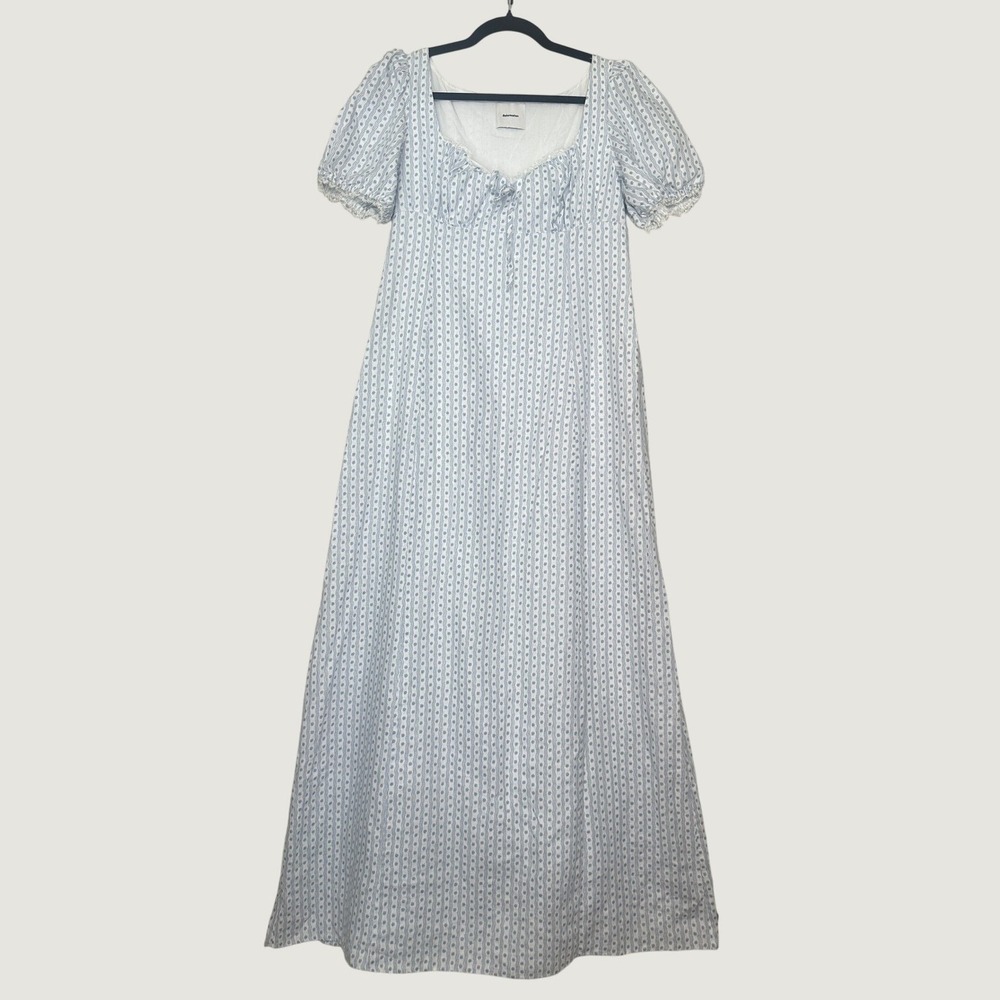 Reformation Cherise Linen Midi Dress Size 12 Blue Floral Regency Milkmaid - Picture 4 of 14